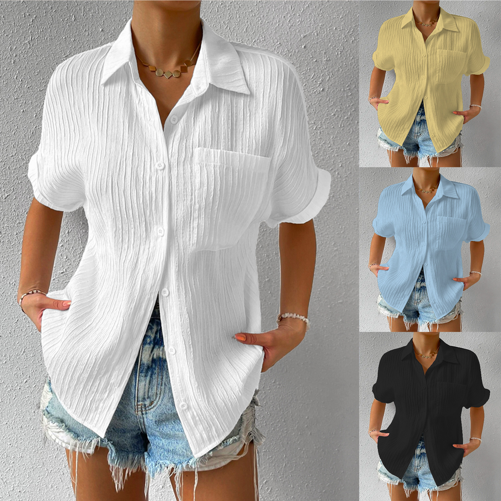 Shirt Collar Casual Buttoned Loose Blouse-Pink Laura