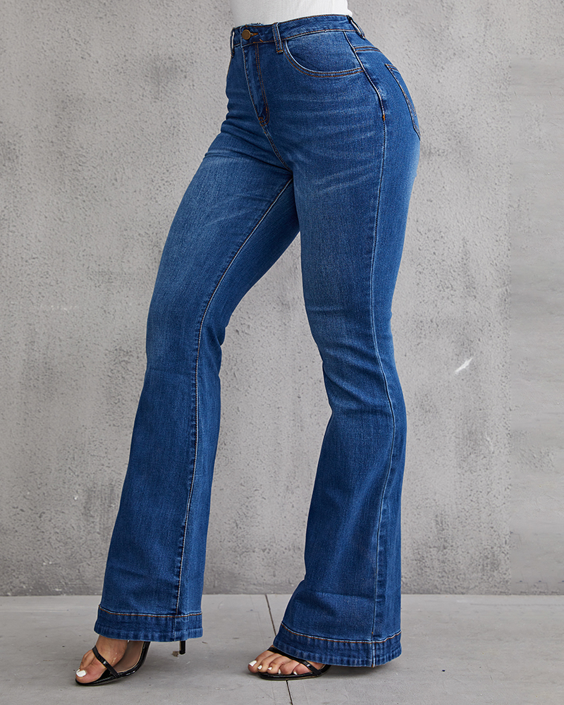 Ladies Flared High Waist Denim Button Stretch Trousers-Pink Laura
