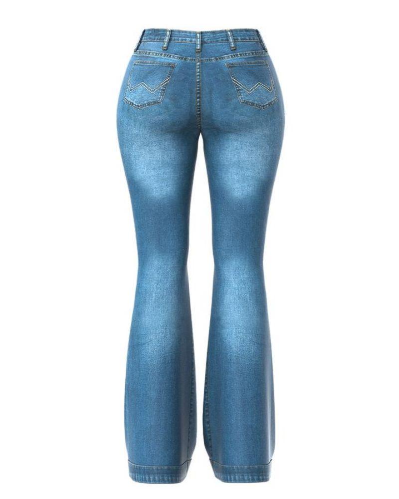 Ladies Flared High Waist Denim Button Stretch Trousers-Pink Laura