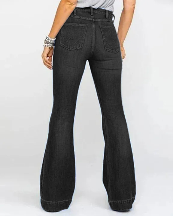 Ladies Flared High Waist Denim Button Stretch Trousers-Pink Laura