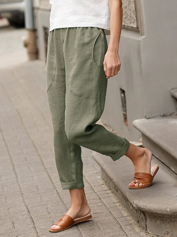 Linen-cotton Women's Large Size Loose Pants-Pink Laura