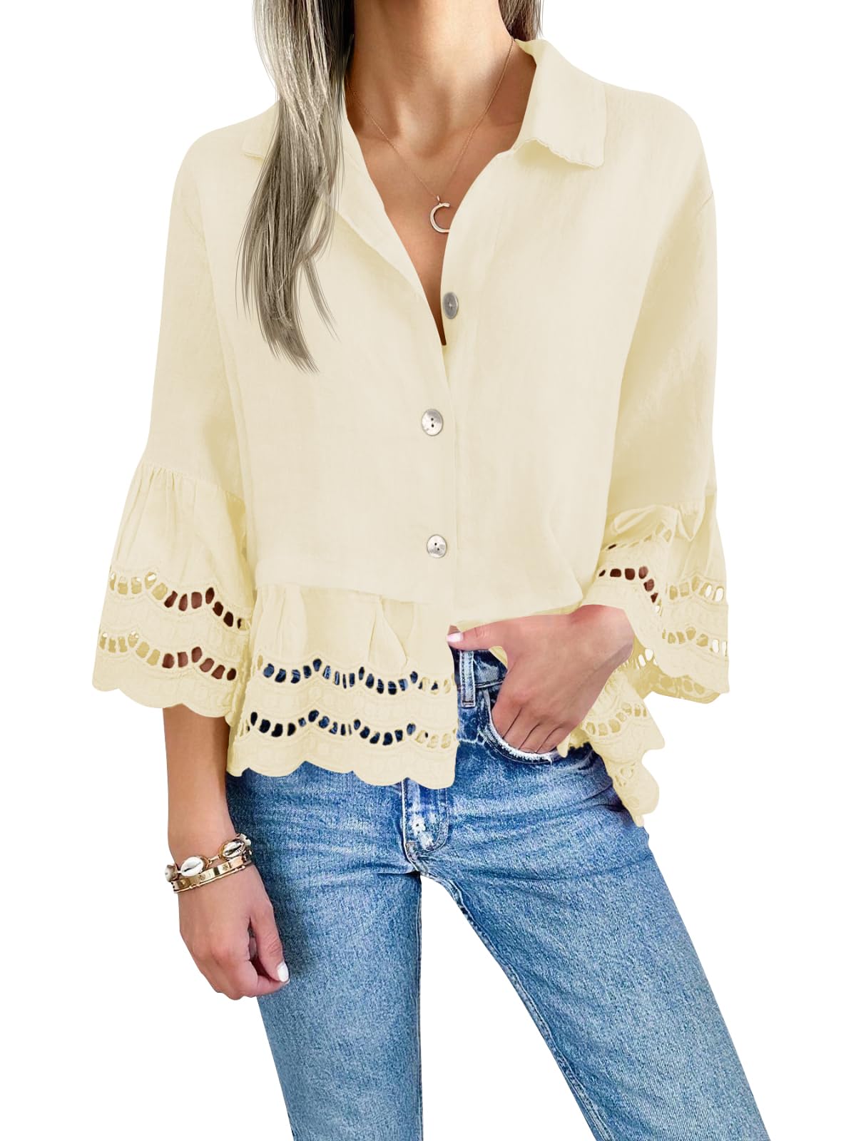 2024 Chic Ruffle Hem Blouse with Hollow Out Design(Buy 2 Free Shipping）