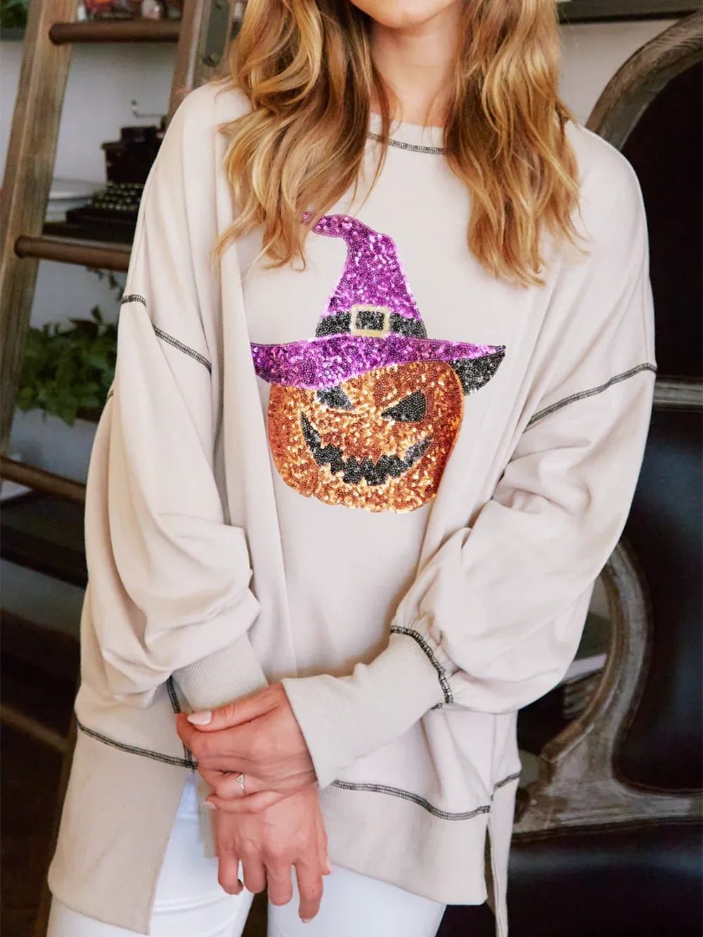 BEST DRESSED SEQUIN GHOST & PUMPKIN TOP(Buy 2 Free Shipping)
