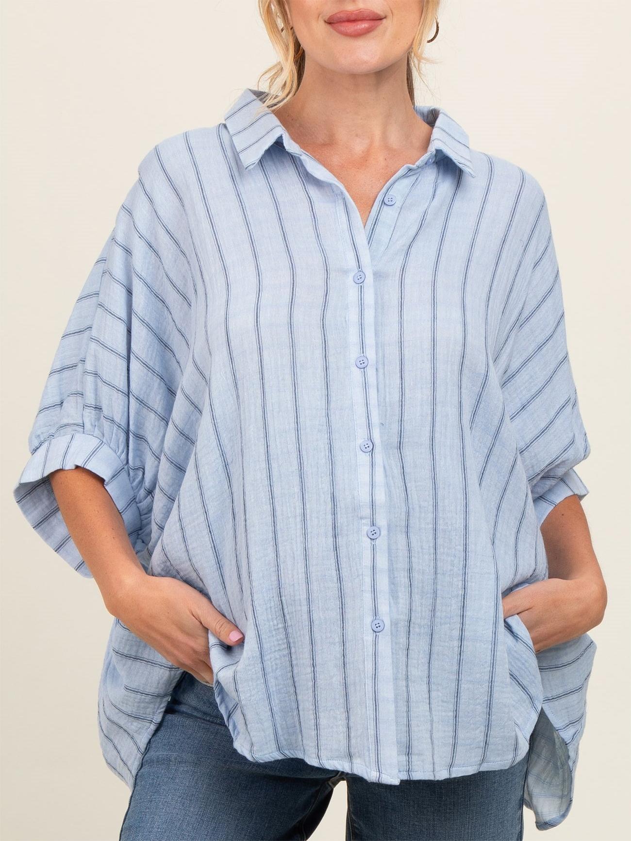 2024 Popular Oversized Striped Button Down Top Shirt jacket(50% OFF🔥)