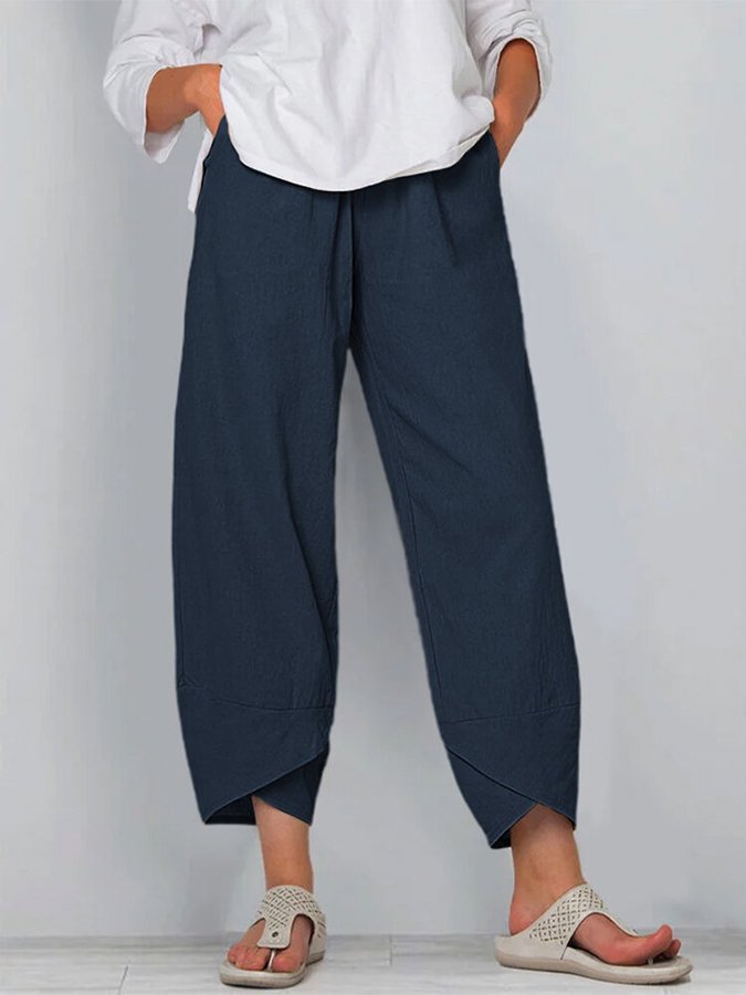 Women's Cotton Linen Simple Loose Casual Ninth Pants-Pink Laura