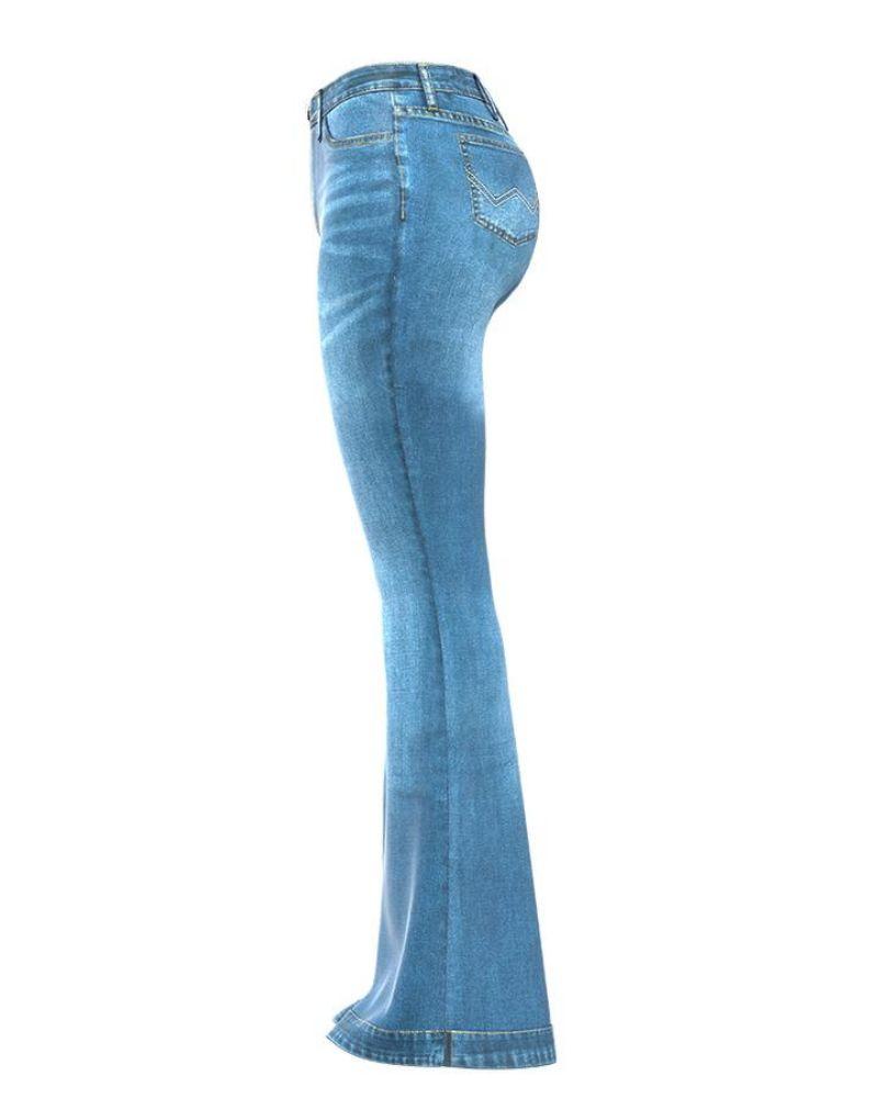 Ladies Flared High Waist Denim Button Stretch Trousers-Pink Laura