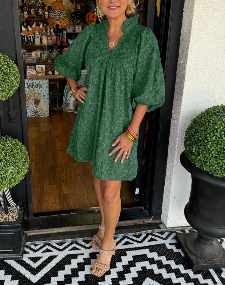 Women's Puff Sleeve Leaf Print Dress (Buy 2 Free Shipping)