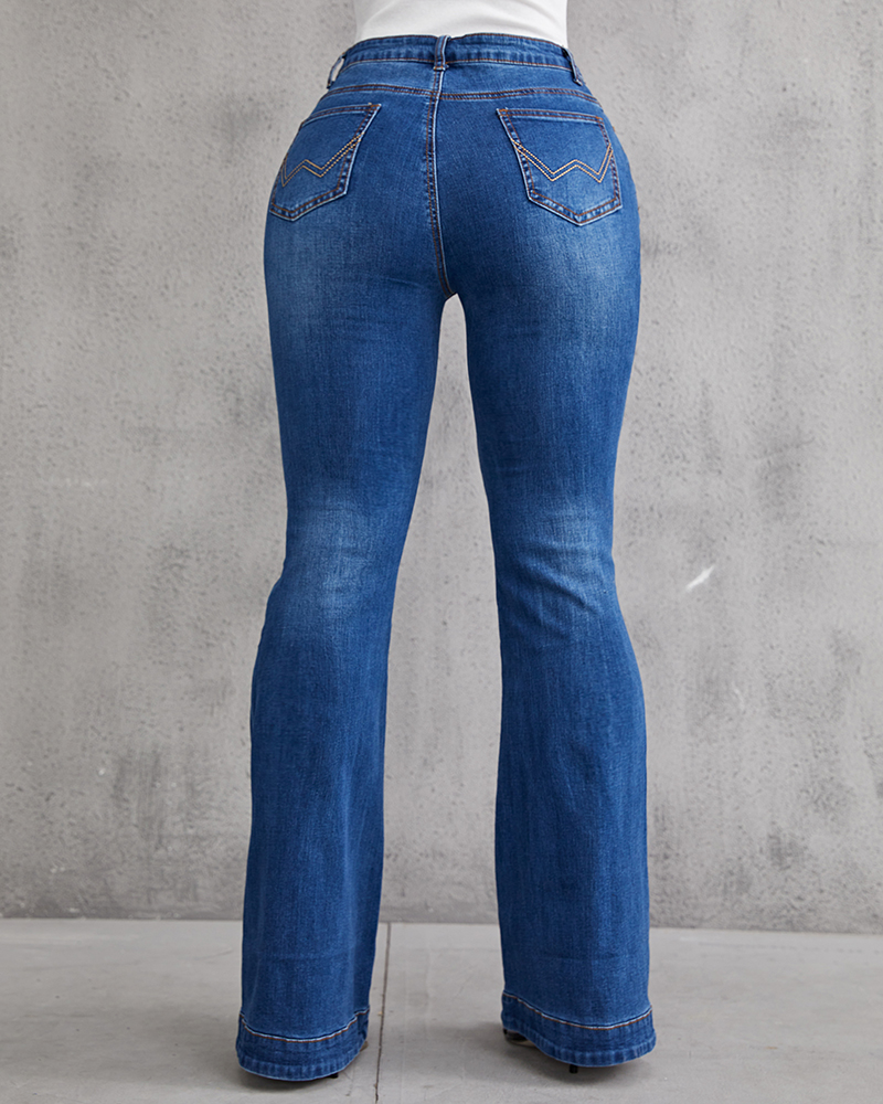 Ladies Flared High Waist Denim Button Stretch Trousers-Pink Laura