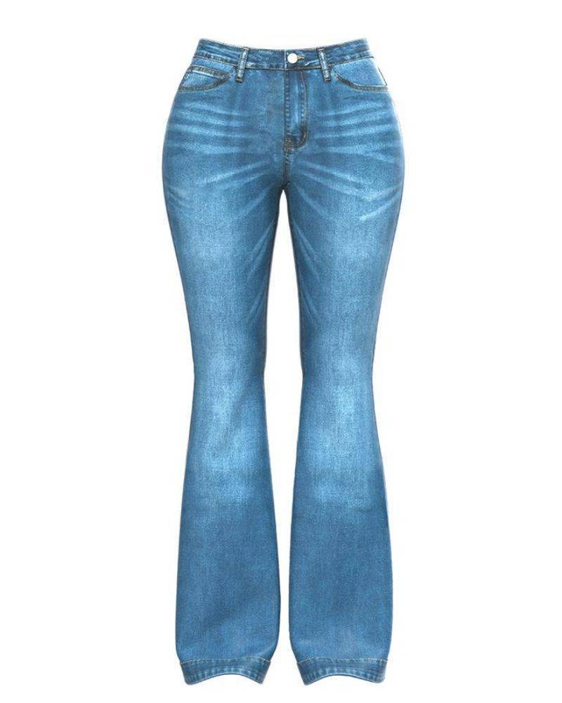 Ladies Flared High Waist Denim Button Stretch Trousers-Pink Laura