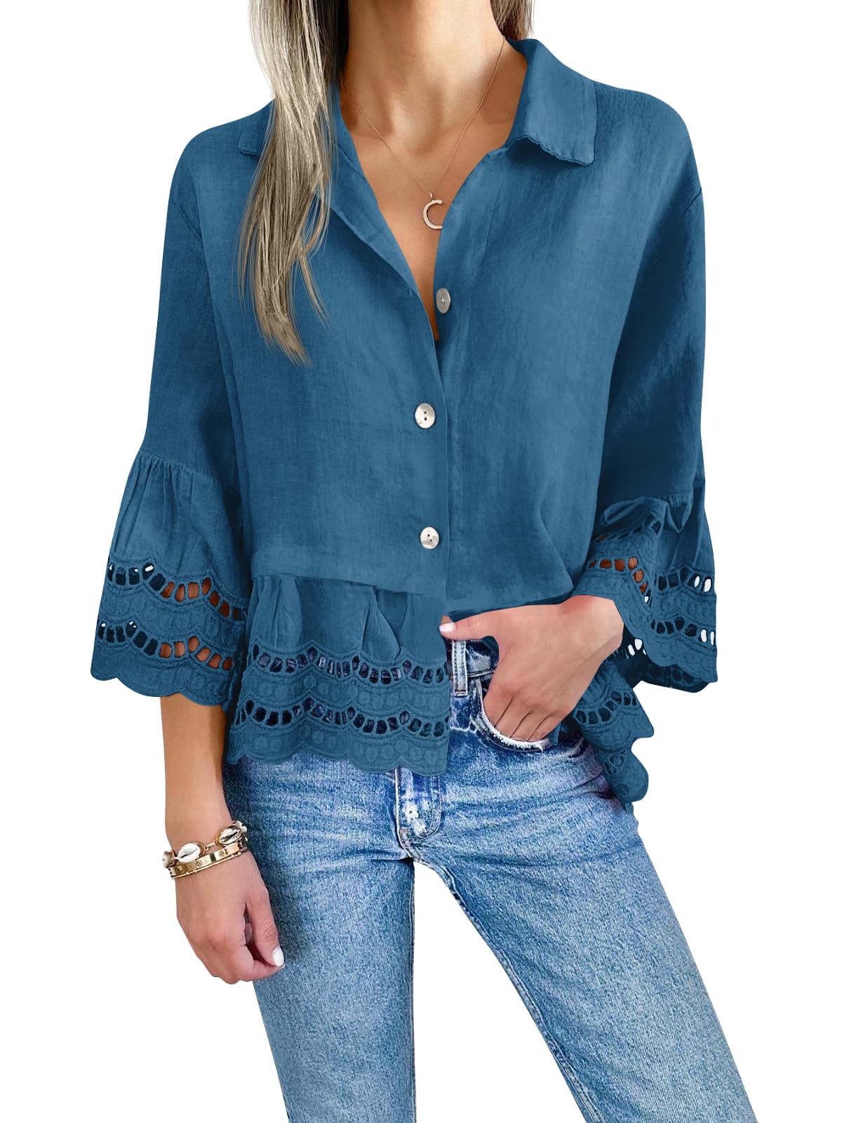 2024 Chic Ruffle Hem Blouse with Hollow Out Design(Buy 2 Free Shipping）