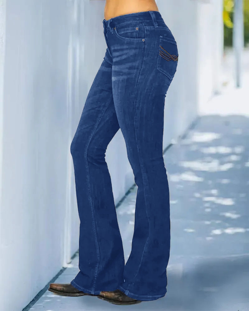 Trendy Pocket Pattern Retro Bootcut Pants-Pink Laura