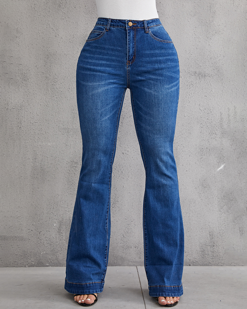 Ladies Flared High Waist Denim Button Stretch Trousers-Pink Laura