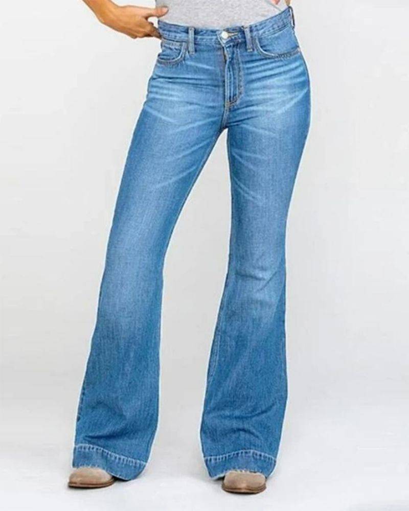 Ladies Flared High Waist Denim Button Stretch Trousers-Pink Laura