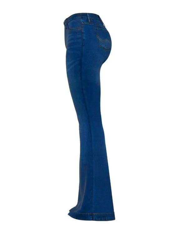 Ladies Flared High Waist Denim Button Stretch Trousers-Pink Laura