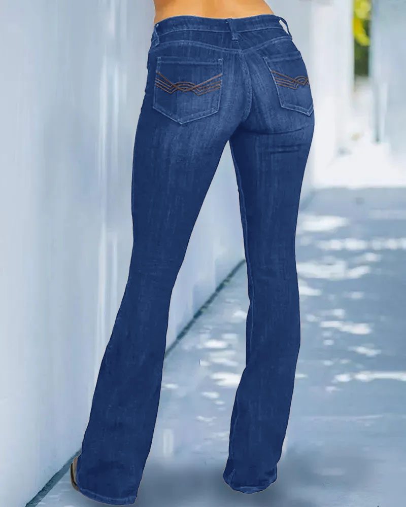 Trendy Pocket Pattern Retro Bootcut Pants-Pink Laura