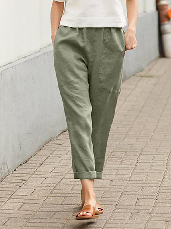 Linen-cotton Women's Large Size Loose Pants-Pink Laura