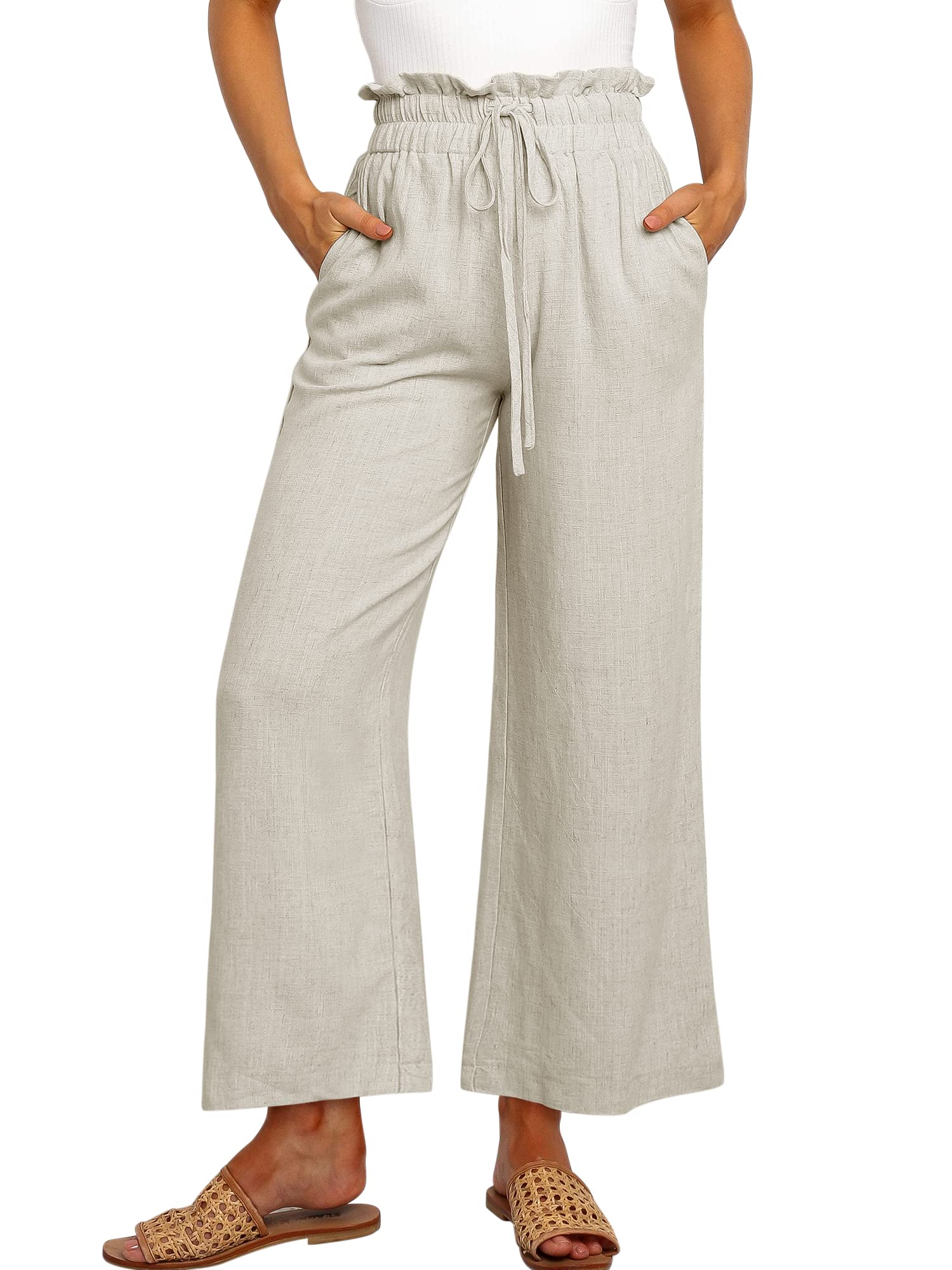 Women's High Waist Drawstring Wide Leg Linen Pants-Pink Laura