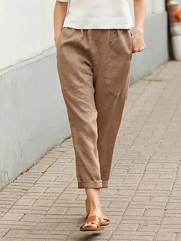 Linen-cotton Women's Large Size Loose Pants-Pink Laura