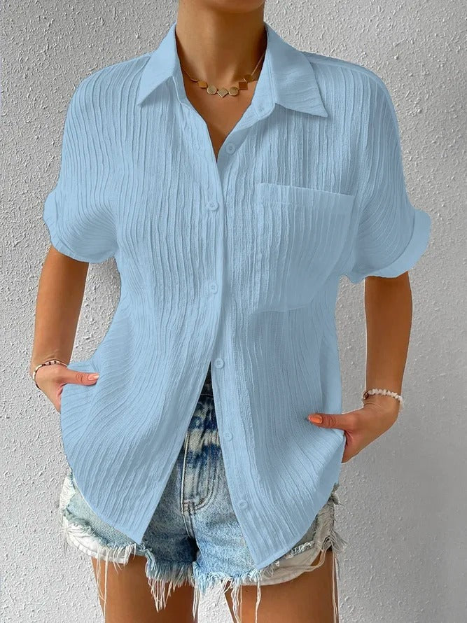 Shirt Collar Casual Buttoned Loose Blouse-Pink Laura
