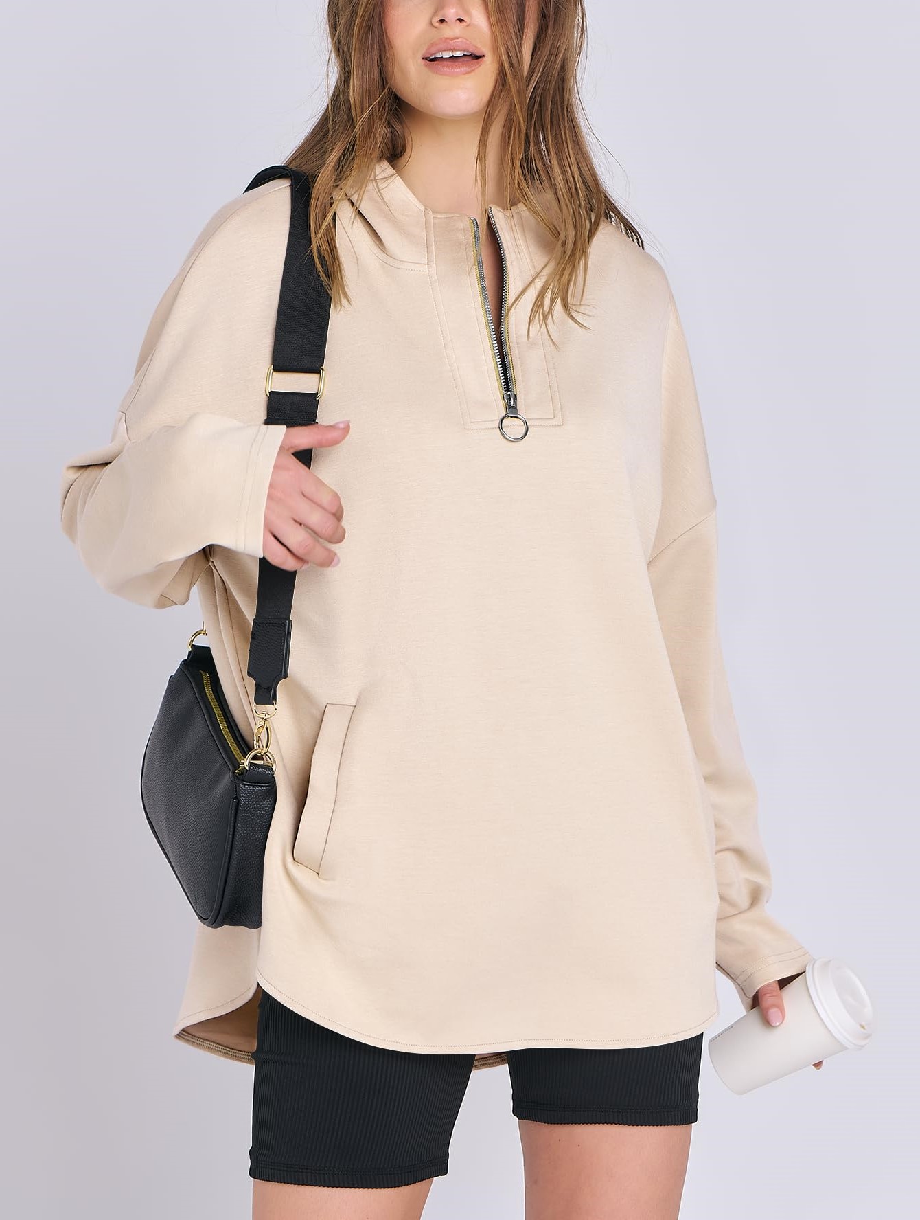 Women's Oversized Quarter Zip Hoodie With Pockets