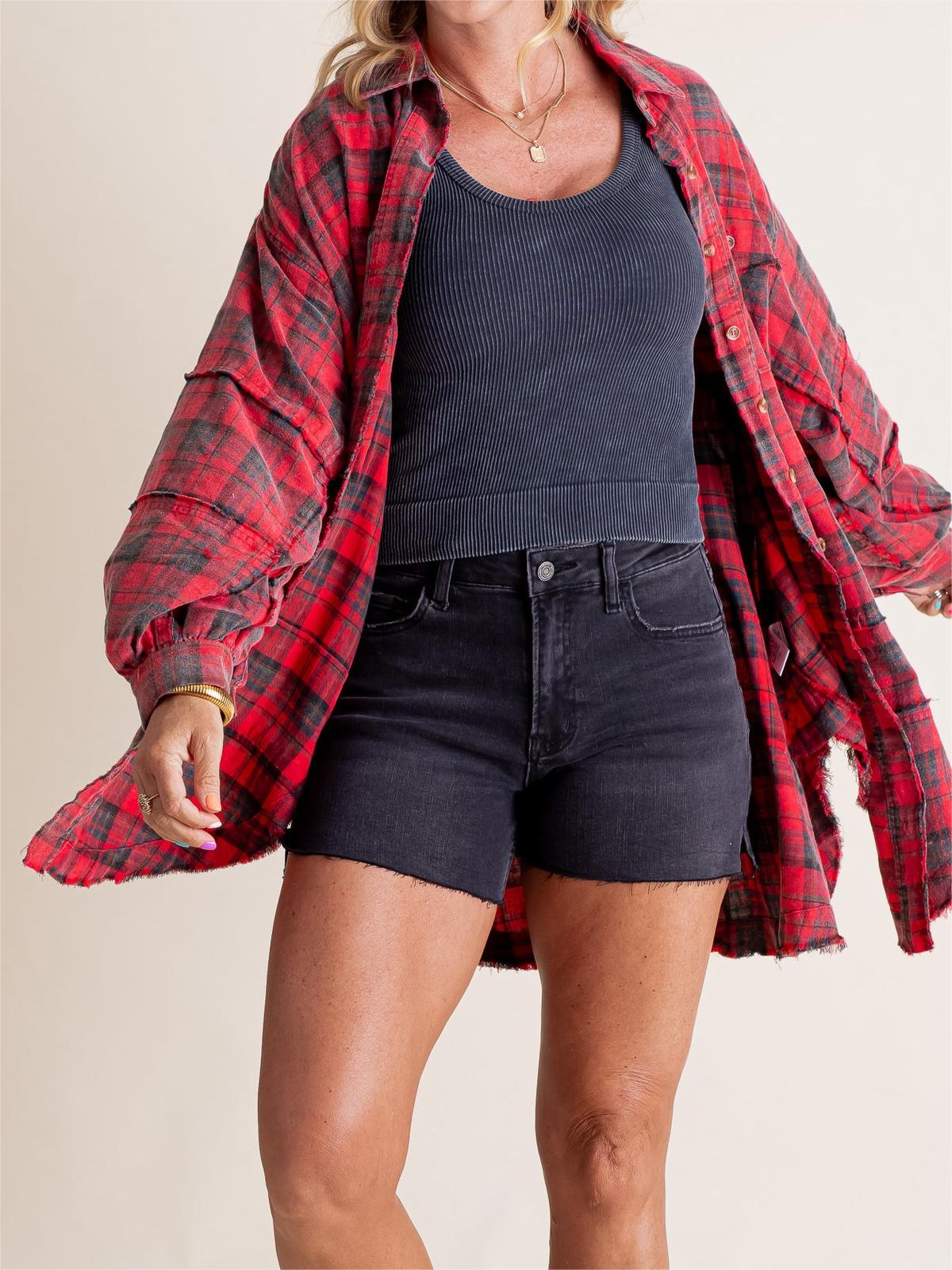 Women's Mineral Washed Plaid Button Down Shirt With Pockets (Buy 2 Free Shipping)