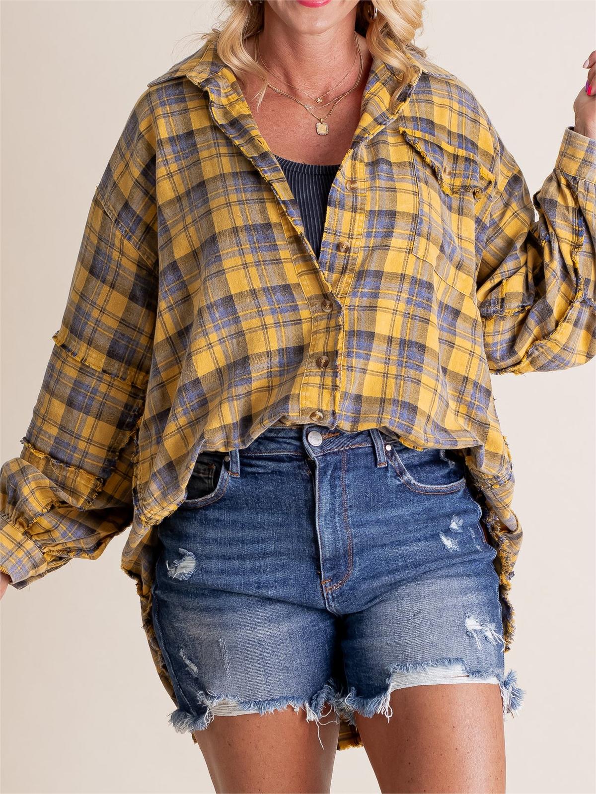 Women's Mineral Washed Plaid Button Down Shirt With Pockets (Buy 2 Free Shipping)