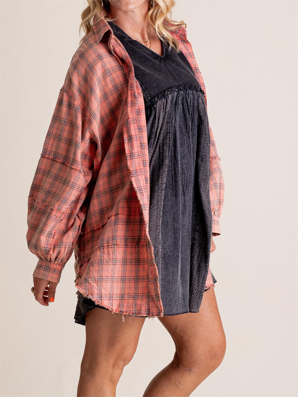Women's Mineral Washed Plaid Button Down Shirt With Pockets (Buy 2 Free Shipping)