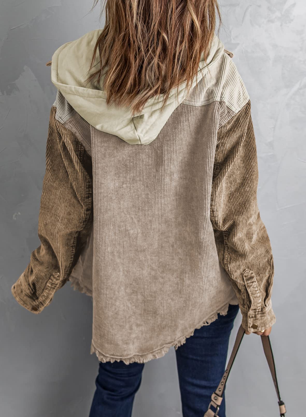 Fall Button Down Color Block Corduroy Hooded Jacket