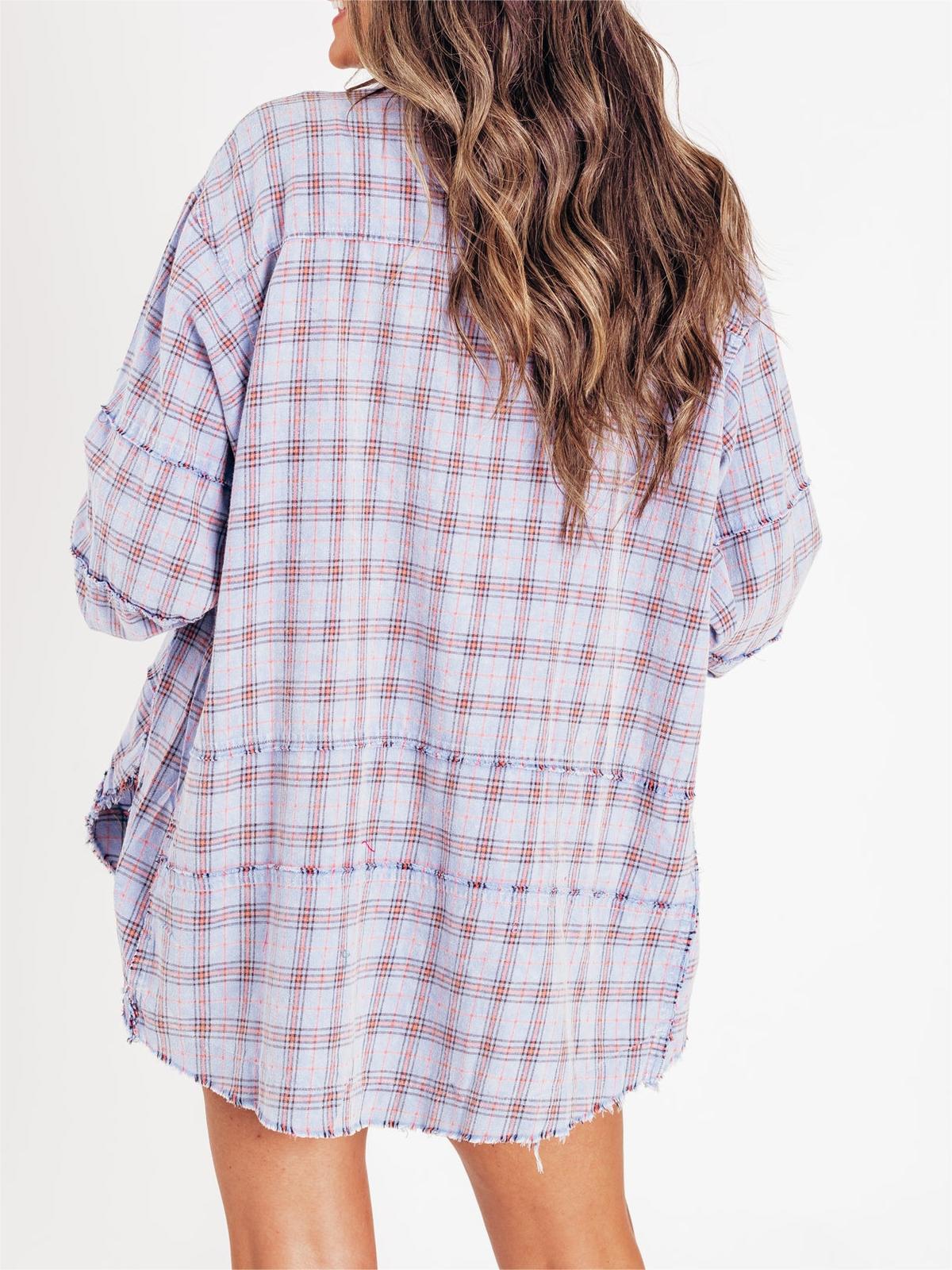 Women's Mineral Washed Plaid Button Down Shirt With Pockets (Buy 2 Free Shipping)