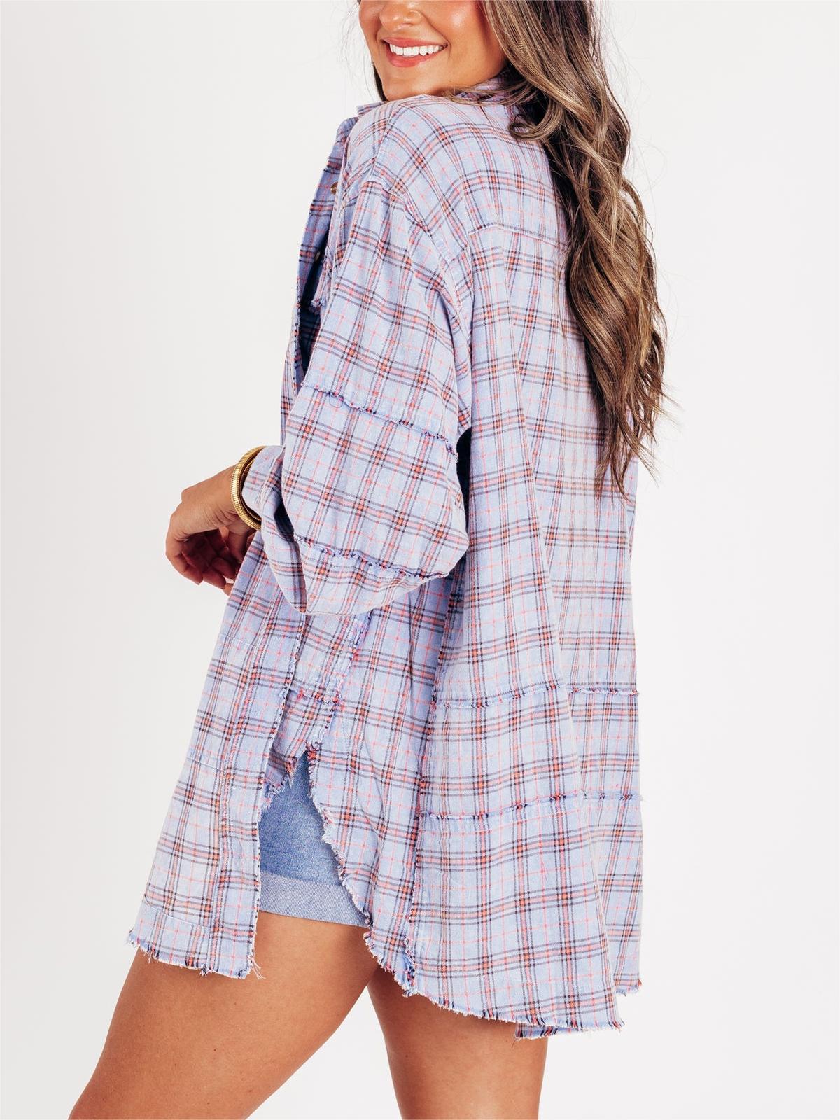 Women's Mineral Washed Plaid Button Down Shirt With Pockets (Buy 2 Free Shipping)