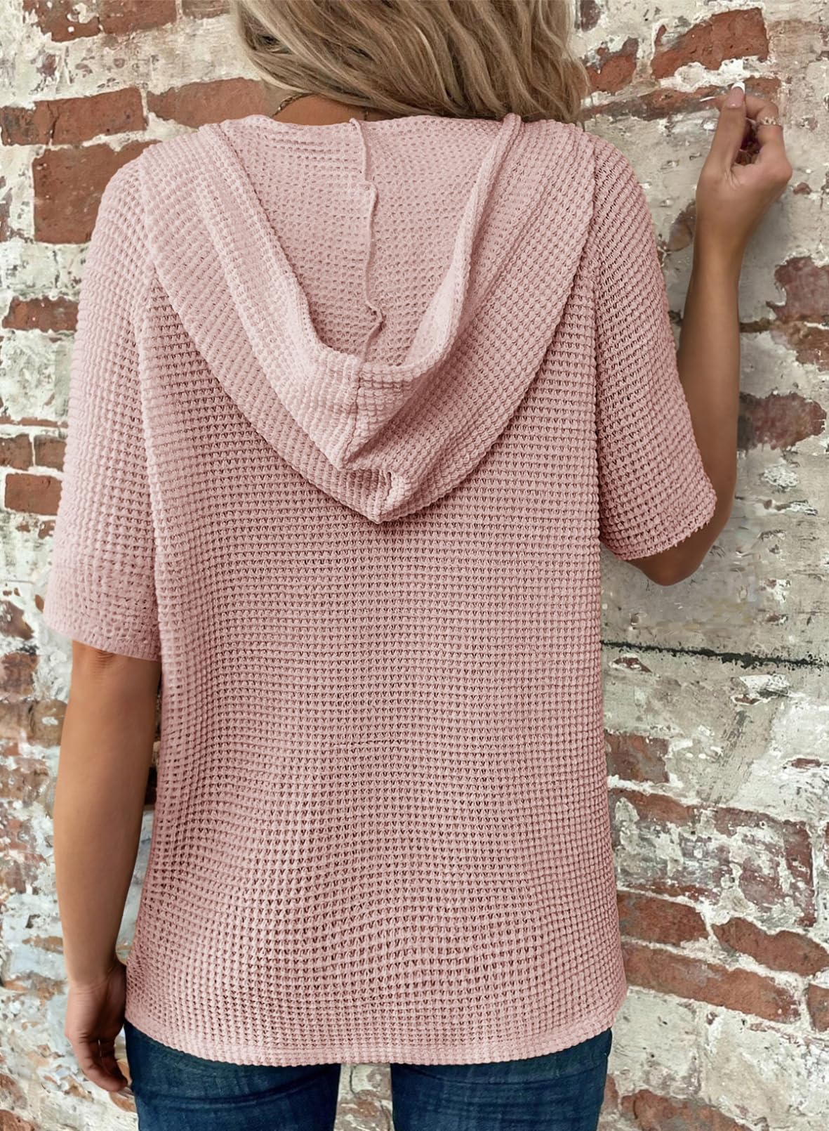 Women's Waffle Knit Button V Neck Short Sleeve Hoodies (Buy 2 Free Shipping)  