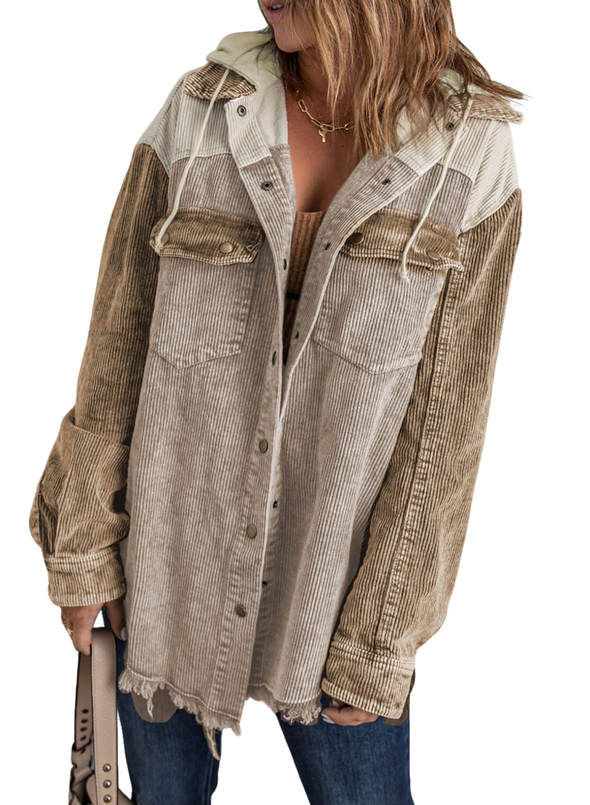 Fall Button Down Color Block Corduroy Hooded Jacket