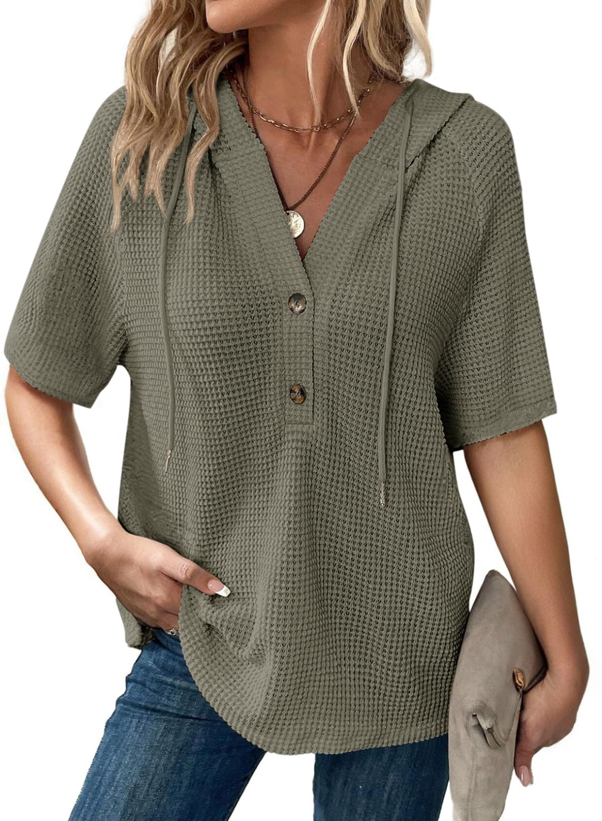 Women's Waffle Knit Button V Neck Short Sleeve Hoodies (Buy 2 Free Shipping)  