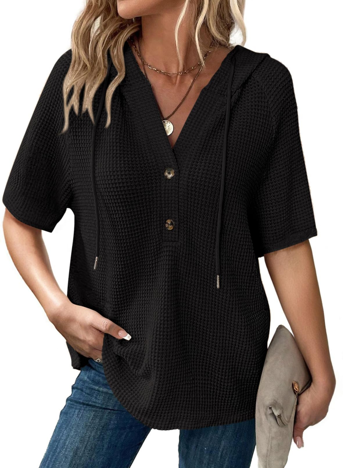 Women's Waffle Knit Button V Neck Short Sleeve Hoodies (Buy 2 Free Shipping)  