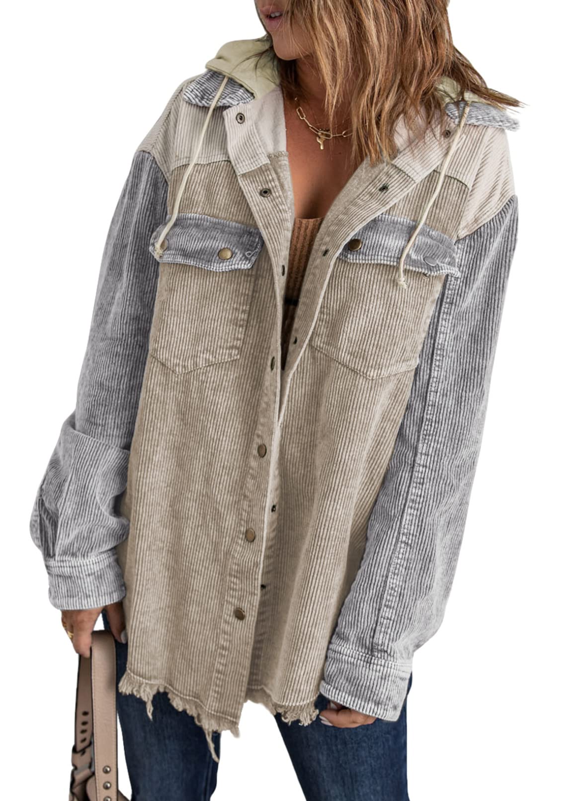 Fall Button Down Color Block Corduroy Hooded Jacket