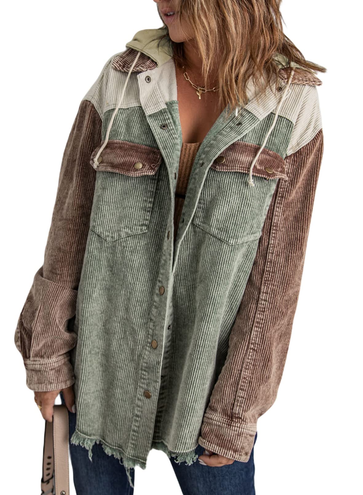 Fall Button Down Color Block Corduroy Hooded Jacket