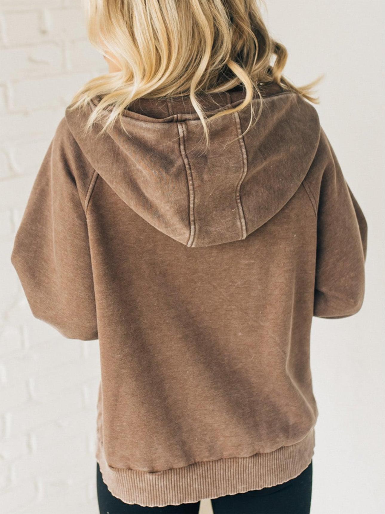 Women's Zip Henley Acid Wash Fleece Hoodie (Buy 2 Free Shipping)