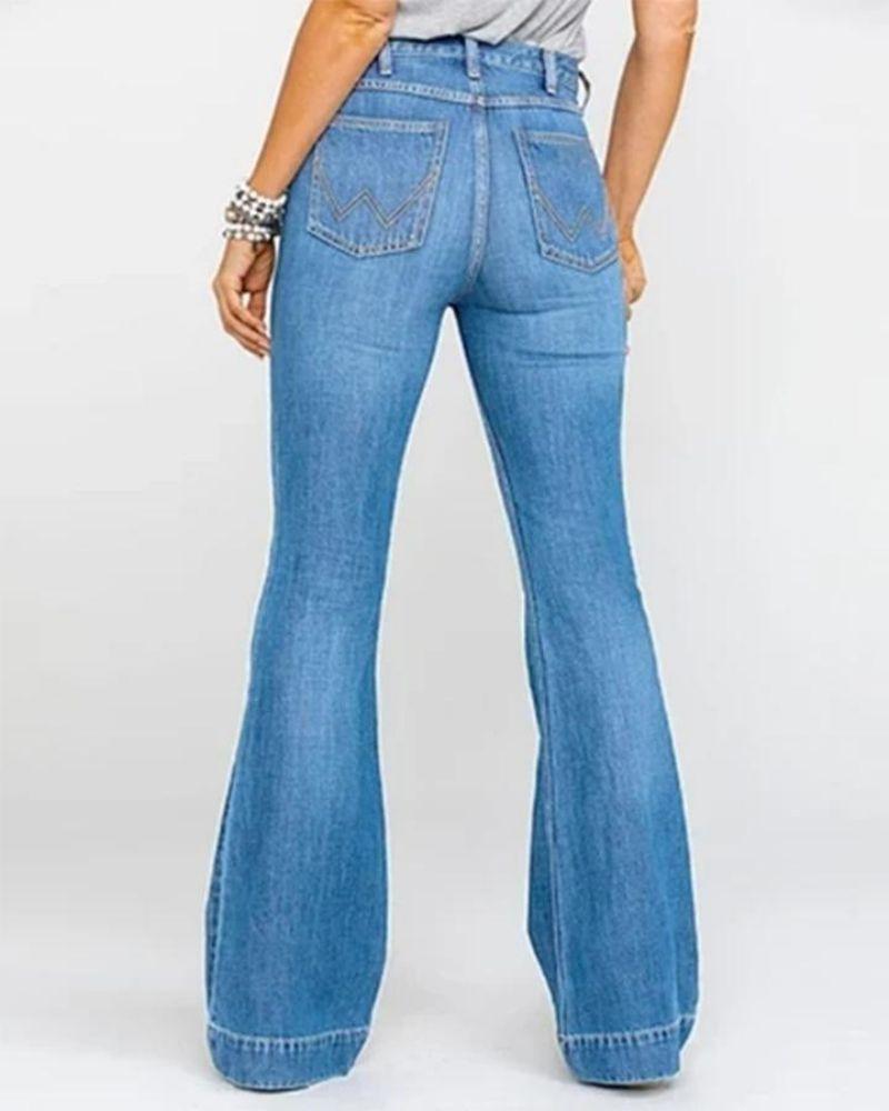 Ladies Flared High Waist Denim Button Stretch Trousers-Pink Laura