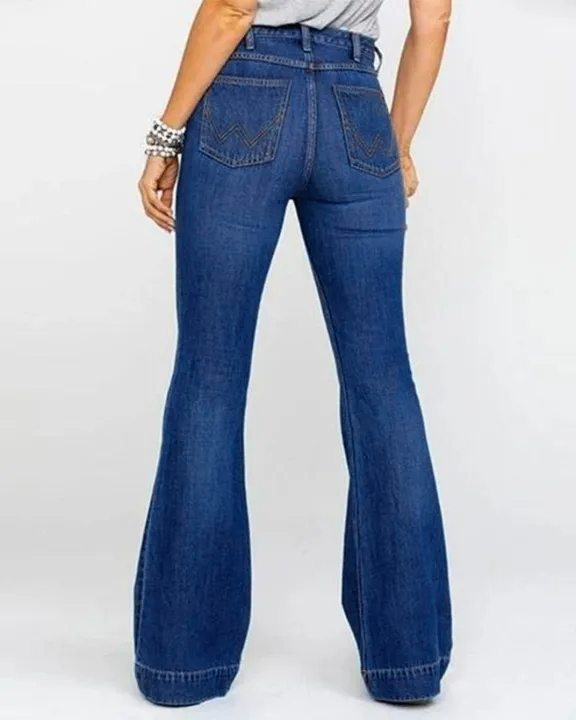 Ladies Flared High Waist Denim Button Stretch Trousers-Pink Laura