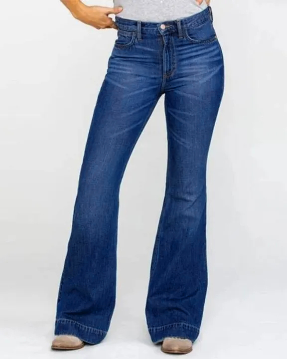 Ladies Flared High Waist Denim Button Stretch Trousers-Pink Laura