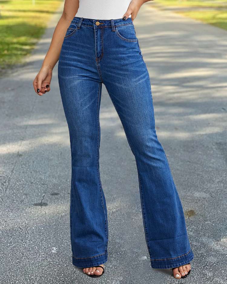 Ladies Flared High Waist Denim Button Stretch Trousers-Pink Laura