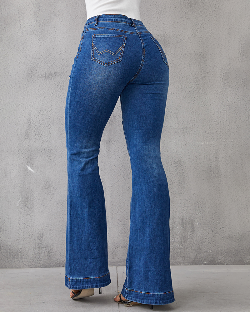 Ladies Flared High Waist Denim Button Stretch Trousers-Pink Laura