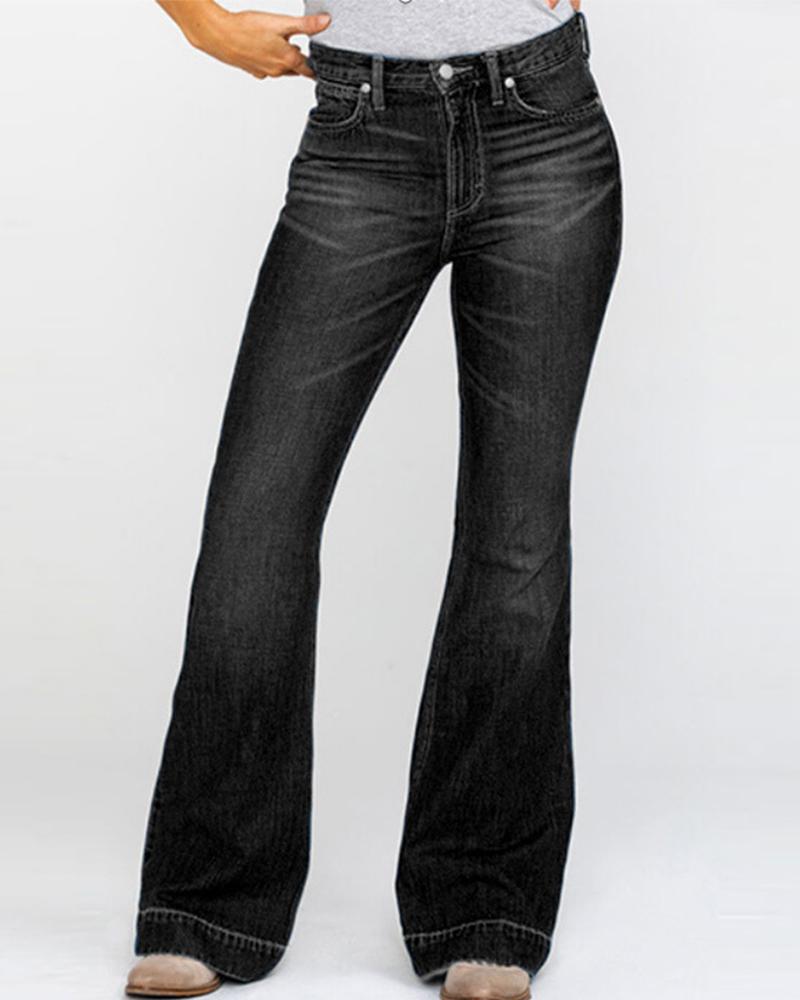 Ladies Flared High Waist Denim Button Stretch Trousers-Pink Laura