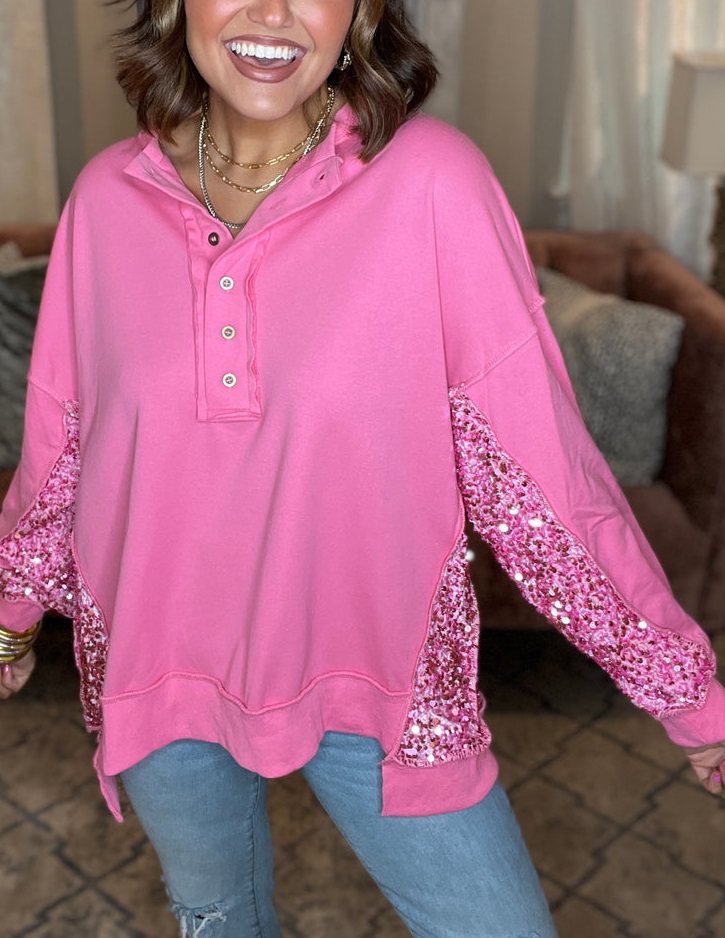 Sequin Colorblock Henley Sweatshirt