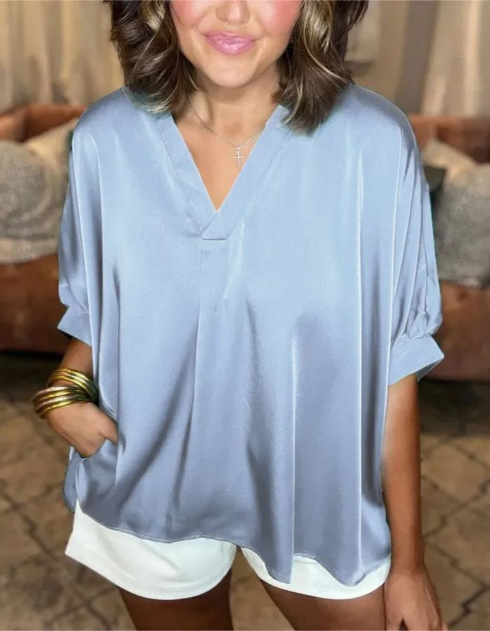 Satin Pleated V-Neck Blouse (Buy 2 Free Shipping)