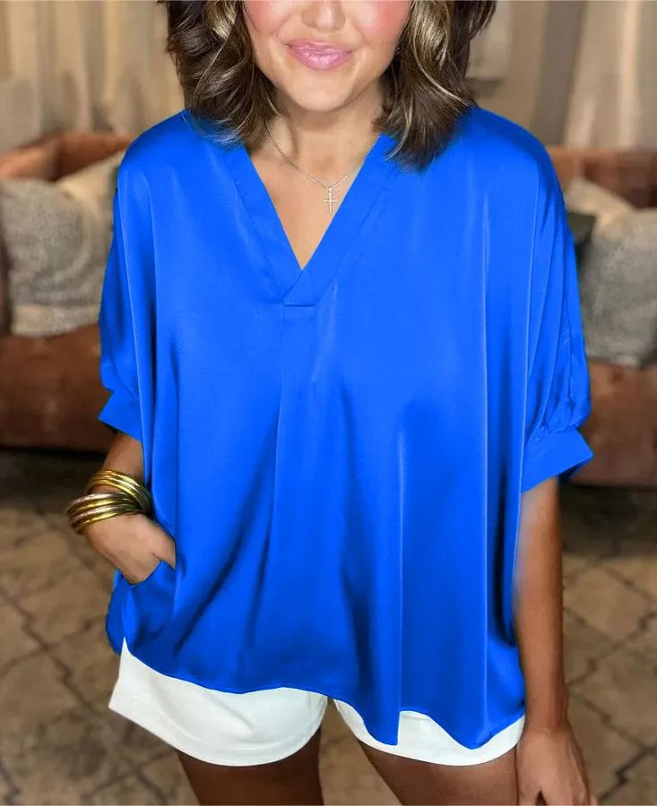 Satin Pleated V-Neck Blouse (Buy 2 Free Shipping)