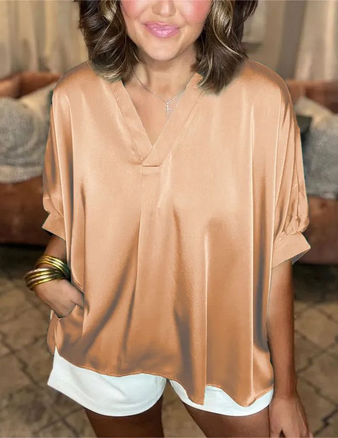 Satin Pleated V-Neck Blouse (Buy 2 Free Shipping)