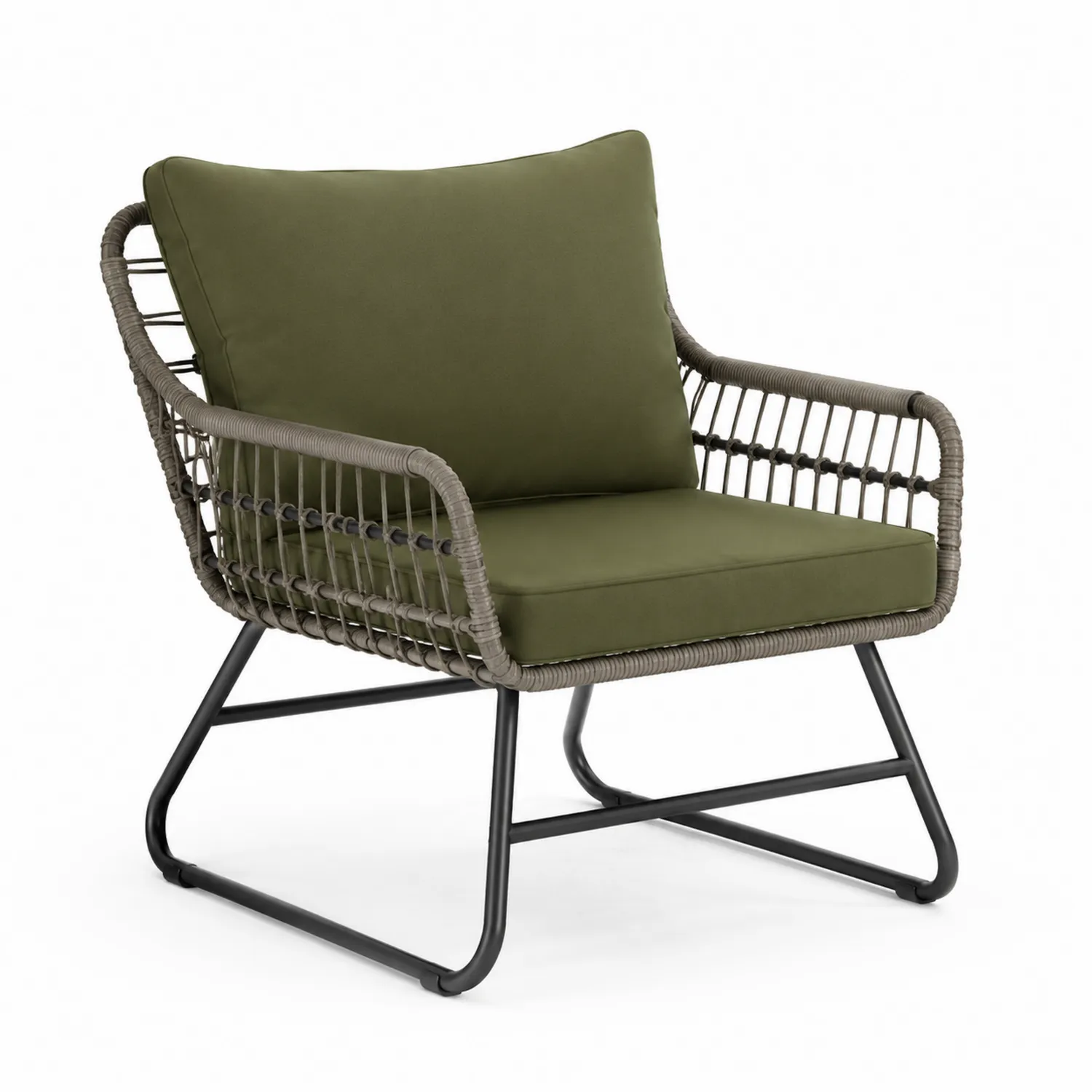 Sillón con Cojines de Acero y Ratán Sintético Verde Oliva
