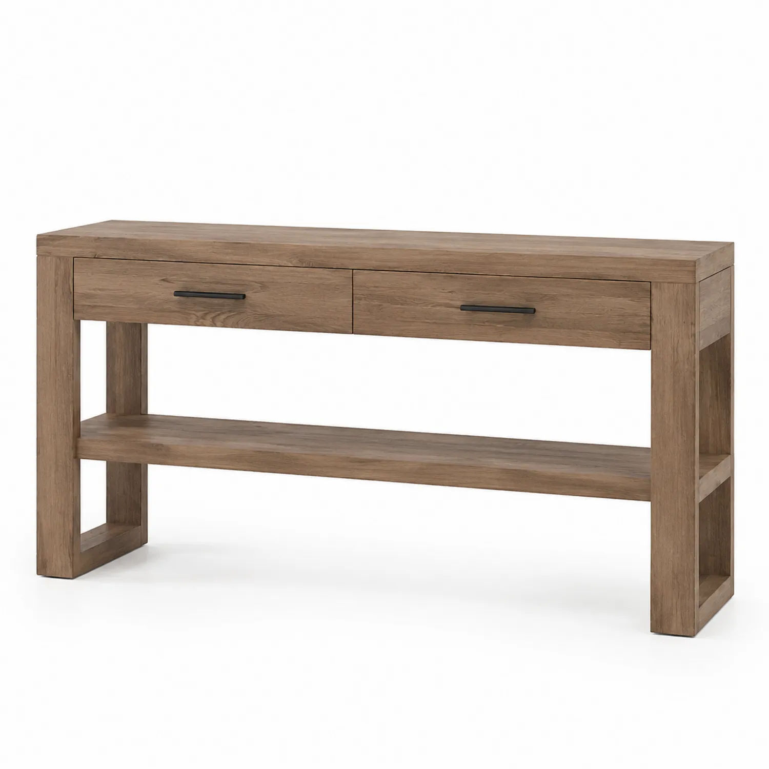 Consola de madera de roble con cajones y estante