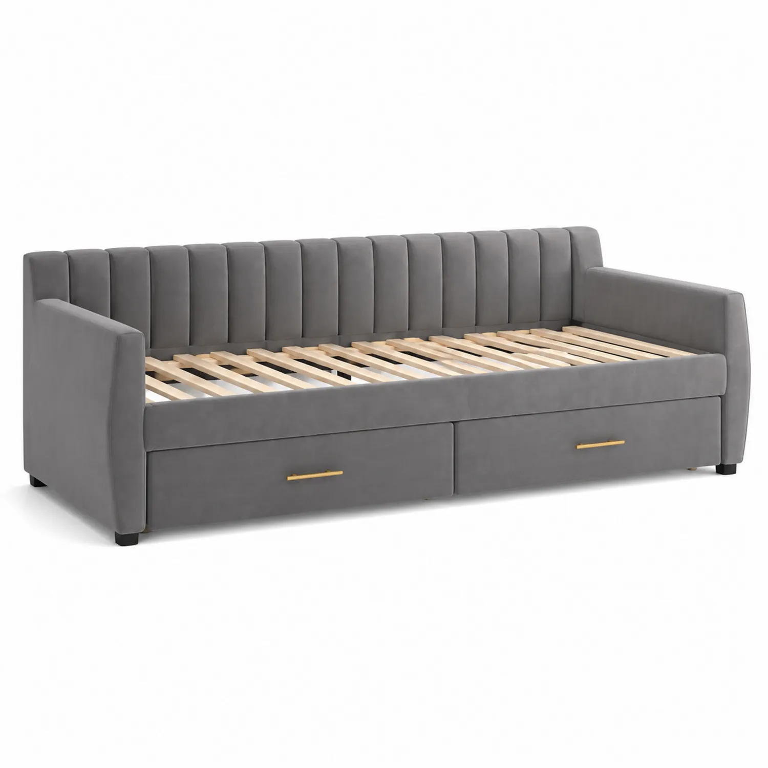 Diván cama individual de tela gris con almacenamiento